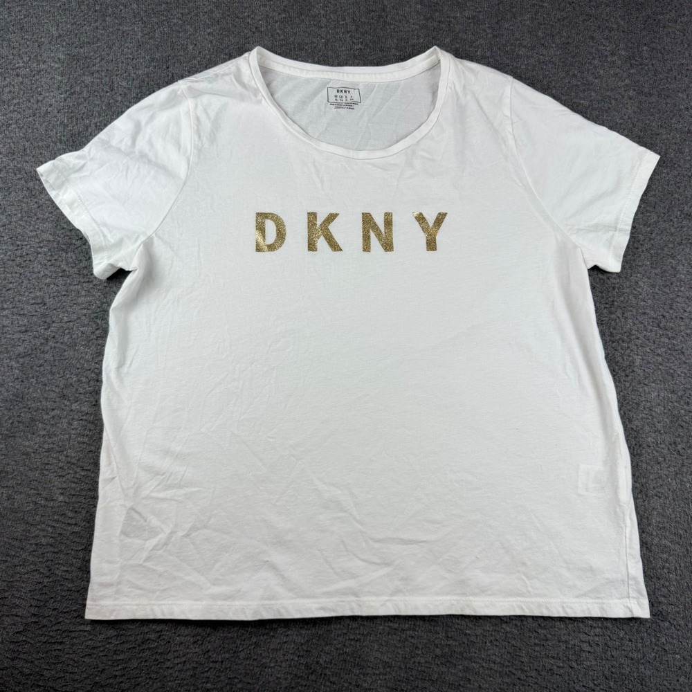 DKNY T-Shirt Women's XL White Gold Glitter Logo Short Sleeve Cotton Tee